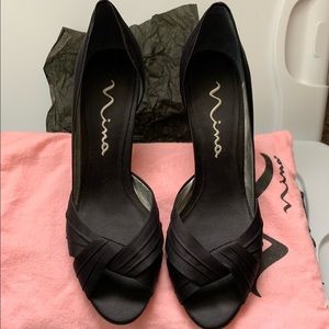 Black Satin Open Toe Pump